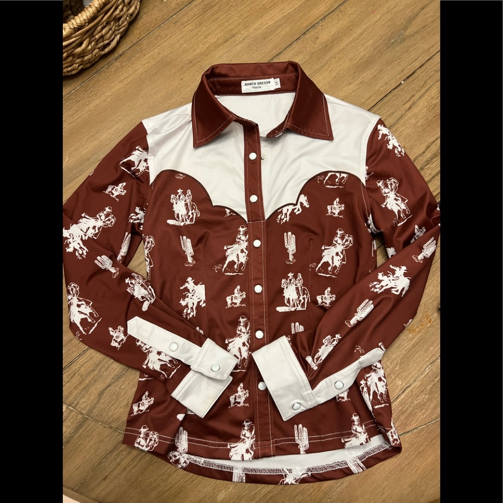 Ranch dress’n dressn button up rodeo shirt size medium girls 8/10